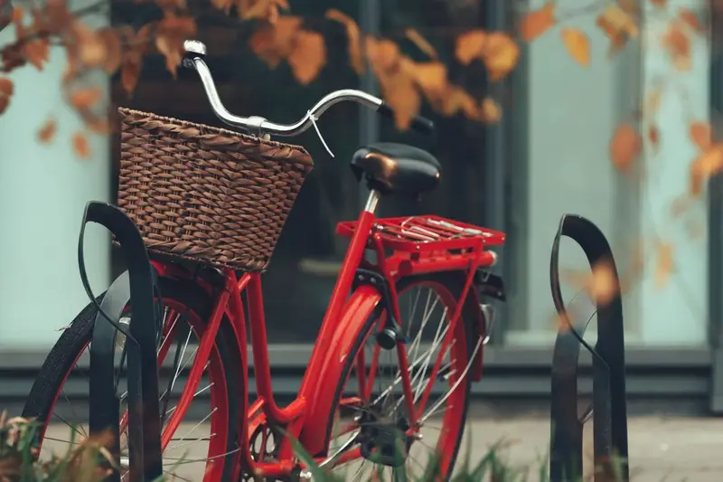 Rode damesfiets met rieten mand onder een boom in de herfst